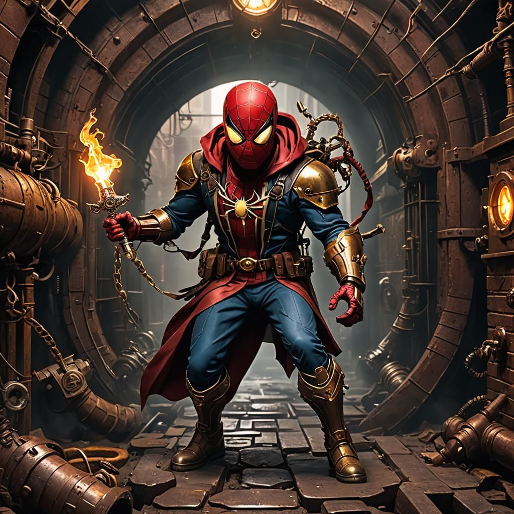 Armored Spider-Man with Daggers in Steampunk Sewers