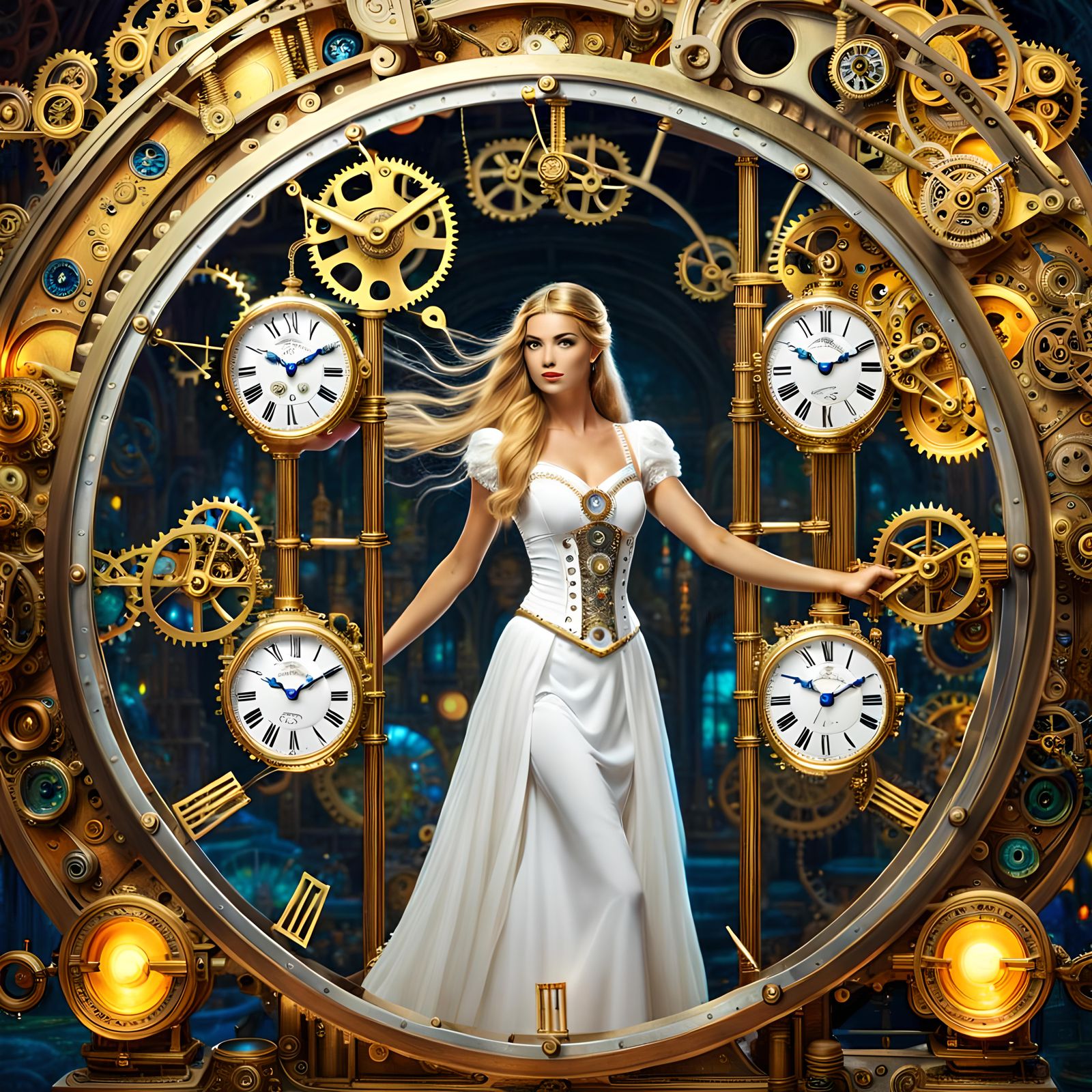 Glimmering Elegance: Myra's Enchanting Steampunk Clockwork Ensemble