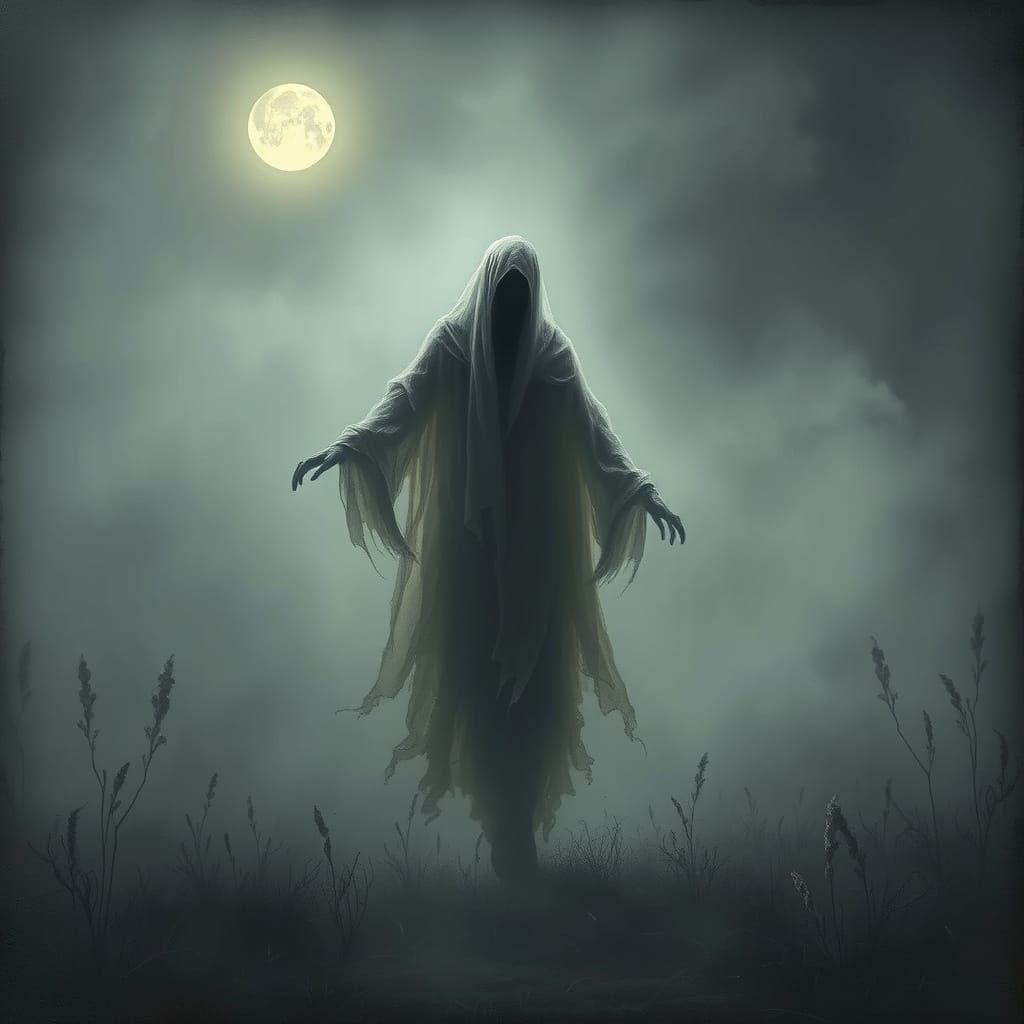 Ethereal Ghostly Figure in Foggy Landscape