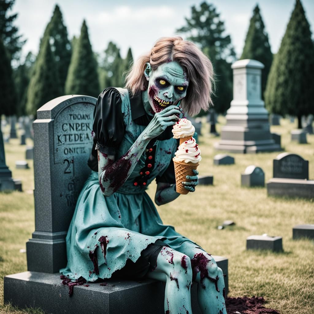 Zombie Woman Enjoys Ice Cream on Tombstone