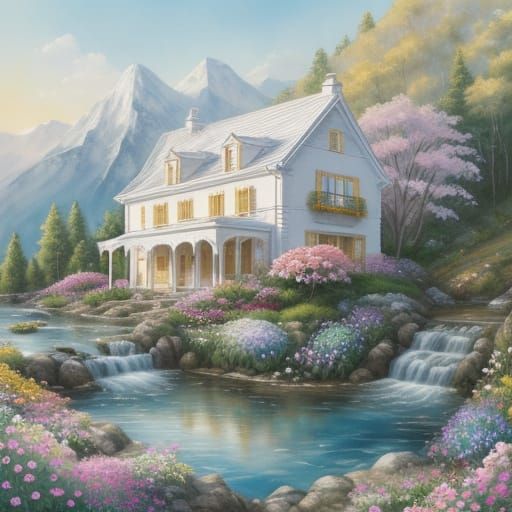 Floral Marble House on Mountain in Watercolor Style