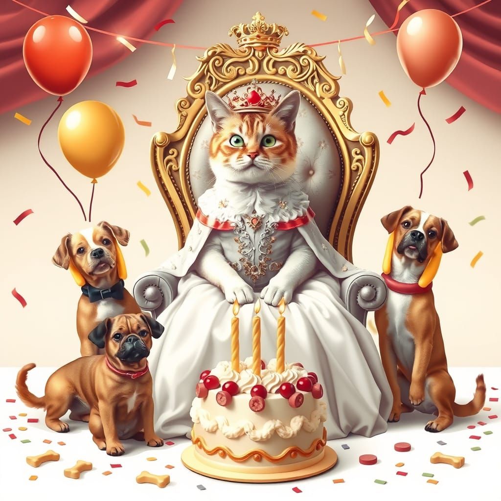 Royal Cat Princess Surrounded by Canine Friends in Whimsical...