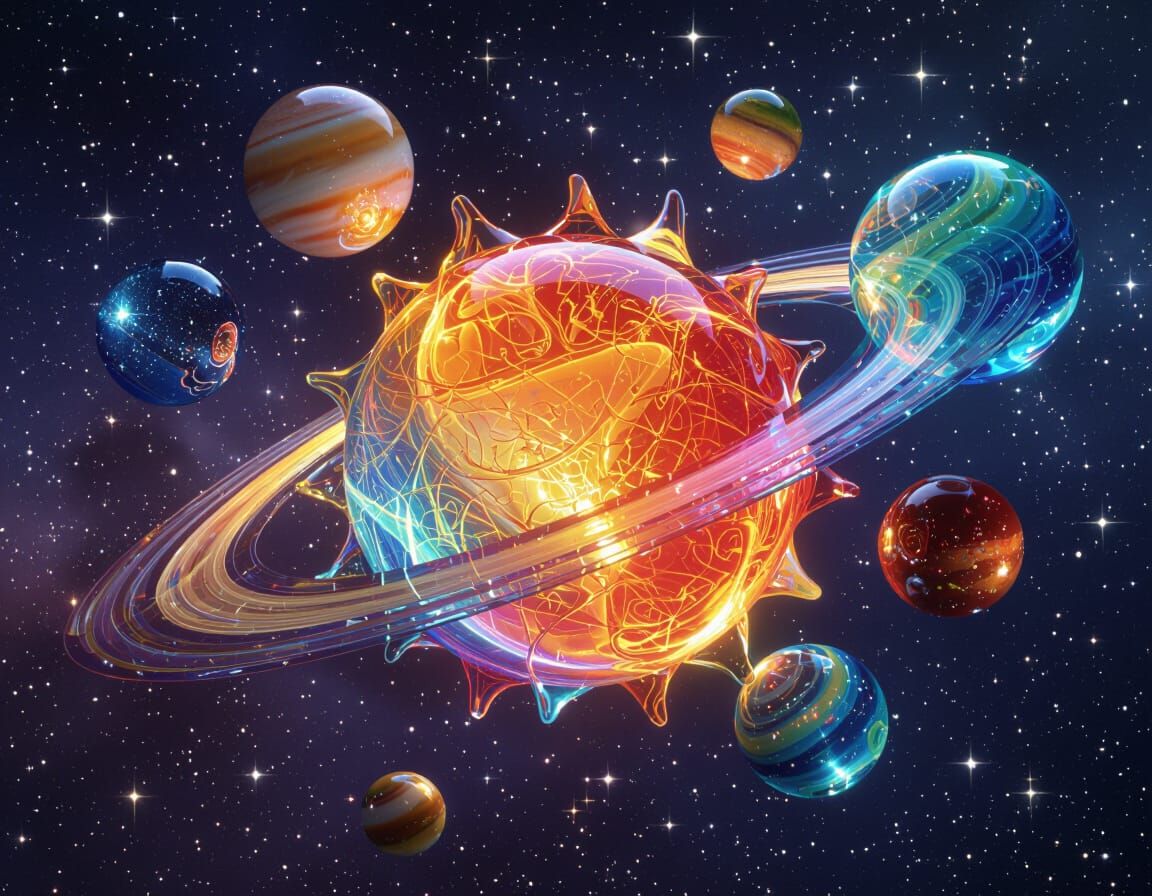 Vivid Glass Solar System with Blown Glass Sun