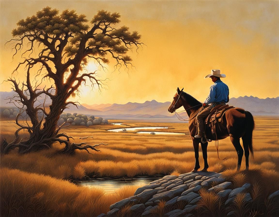Cowboy on Horseback at Sunset Painting