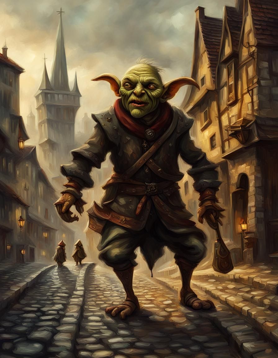 Goblin in Medieval City Street: Oil Painting