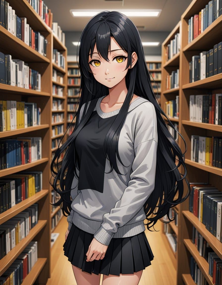 Anime Style Woman in Library with Black Hair