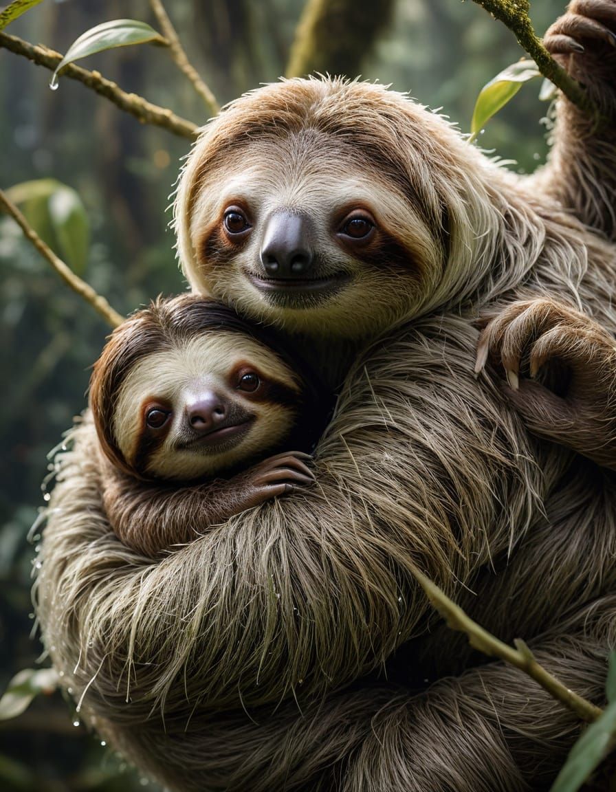 Adorable Sloth Mother and Baby in Ethereal Jungle Light