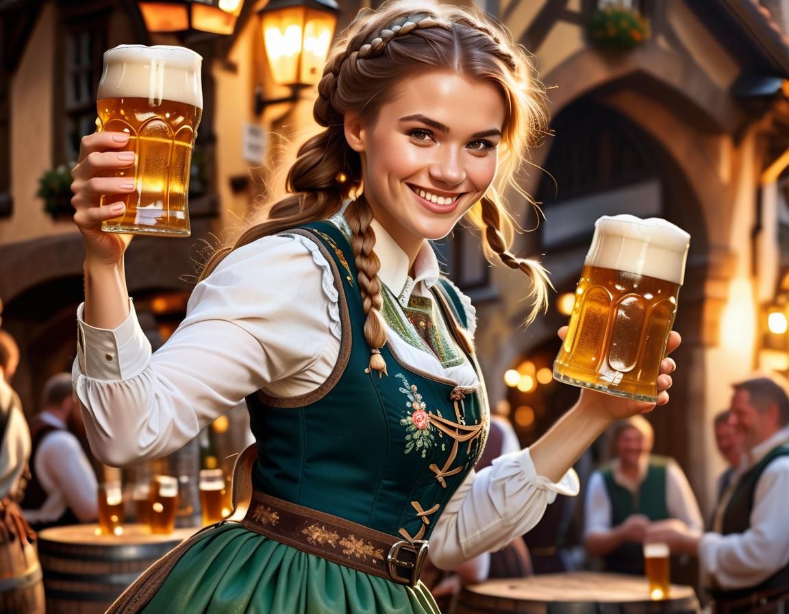 Smiling Bavarian Woman with Beer: Impressionist Photography