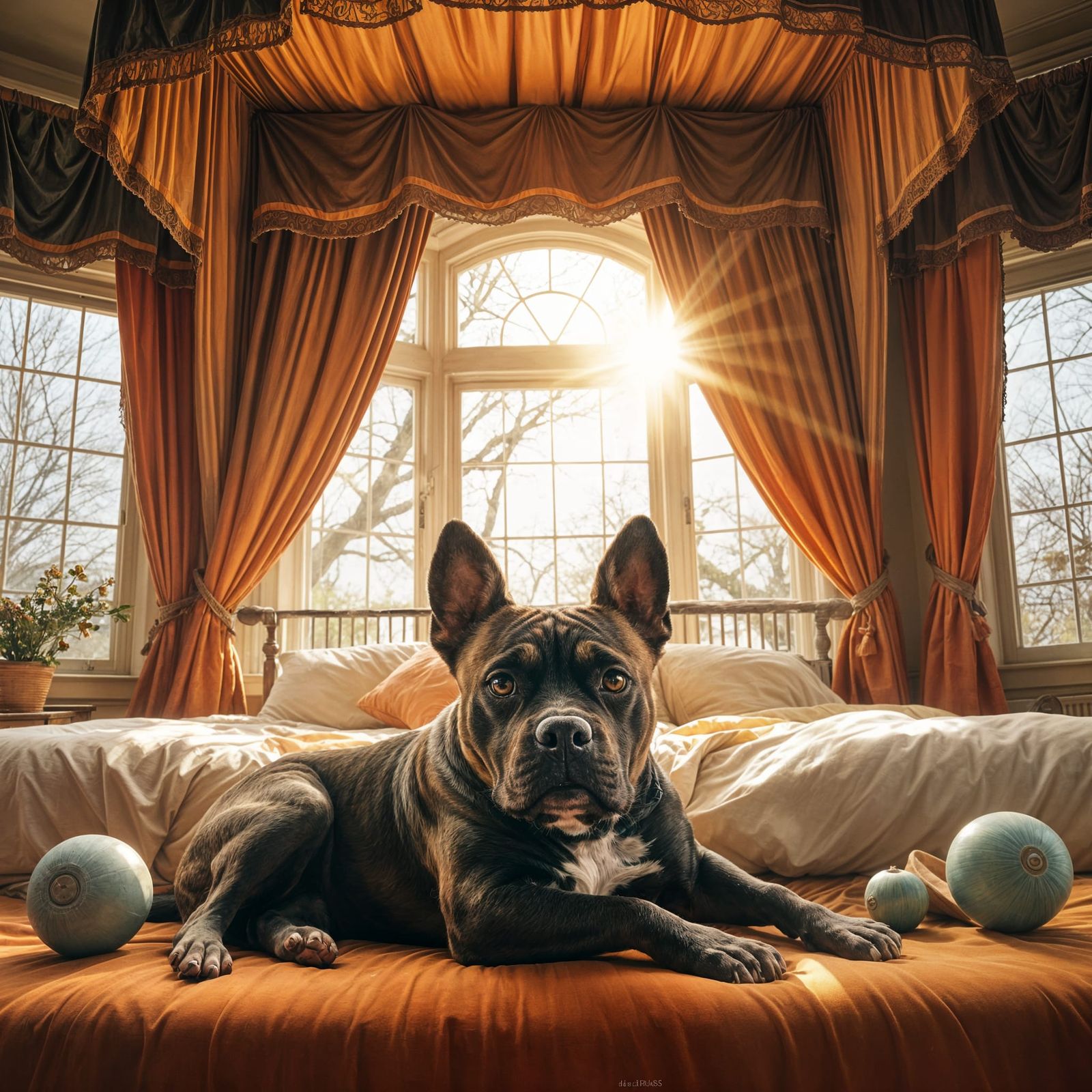 Vibrant Brindle Staffordshire Bull Terrier in Cozy Canopy Sc...