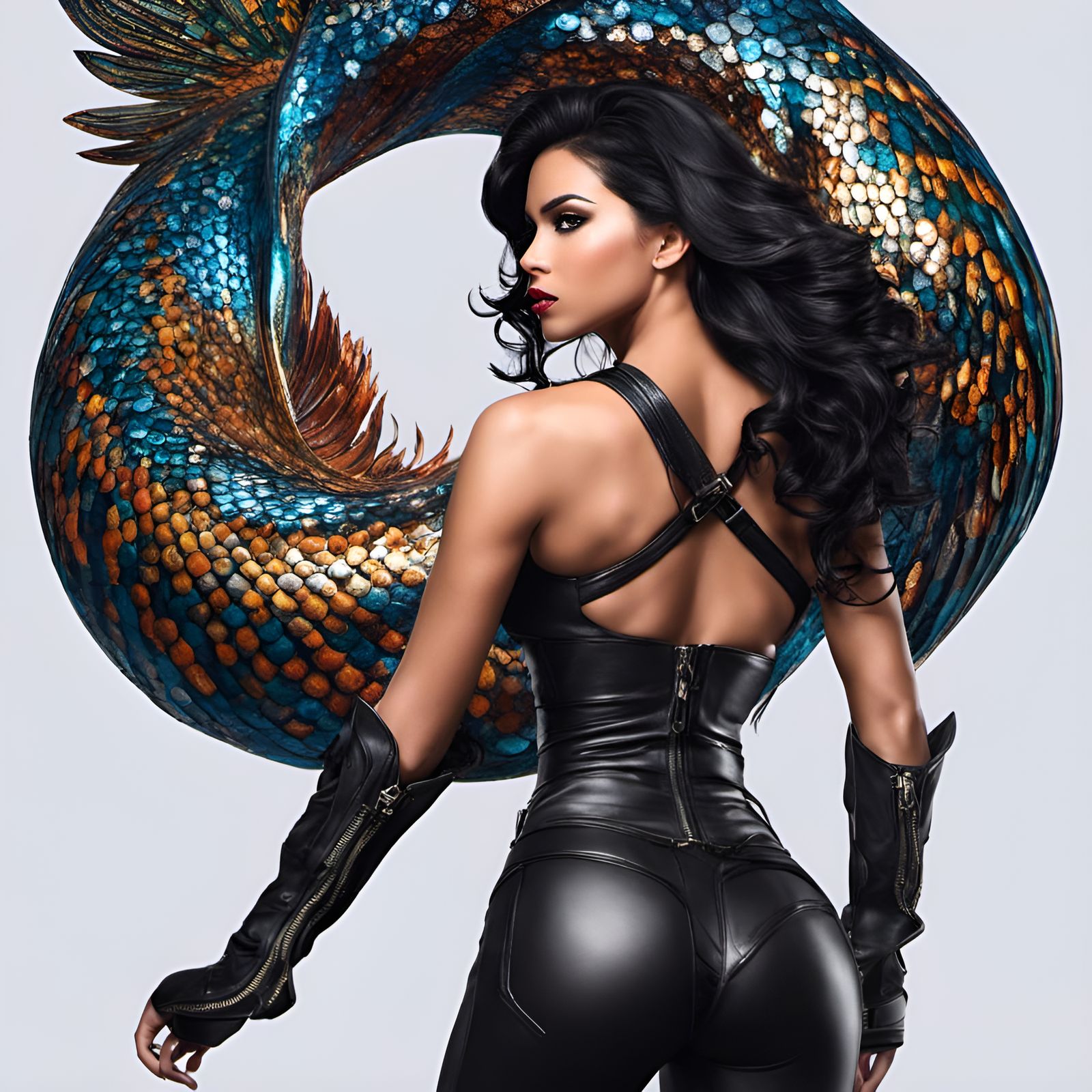 Woman in black leather and gloves