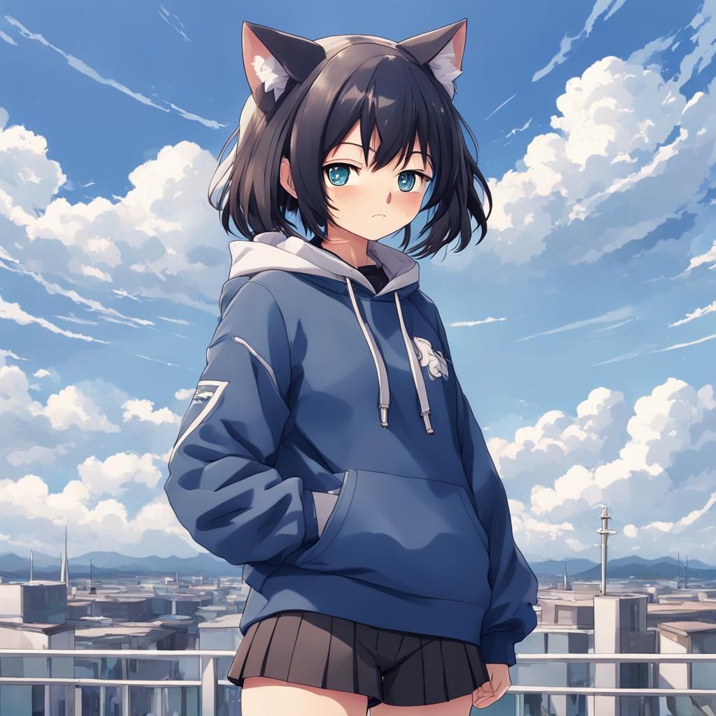 Anime Nekomimi High Schooler in Hoodie