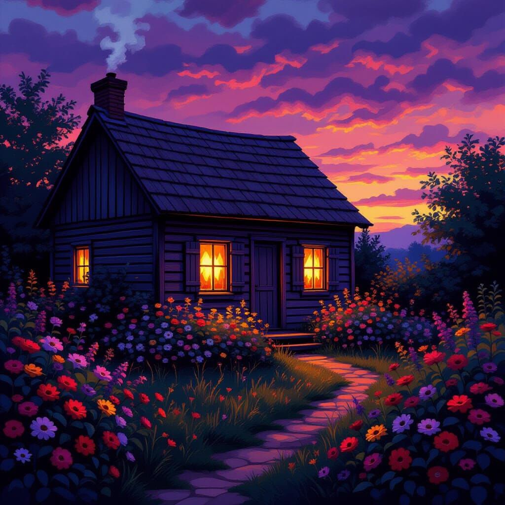 Rustic Cabin in Twilight Garden