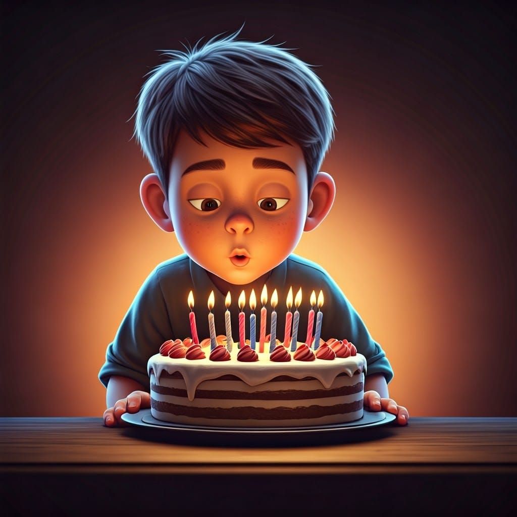 Boy Blowing Candles: Pixar-Style 3D Birthday Scene