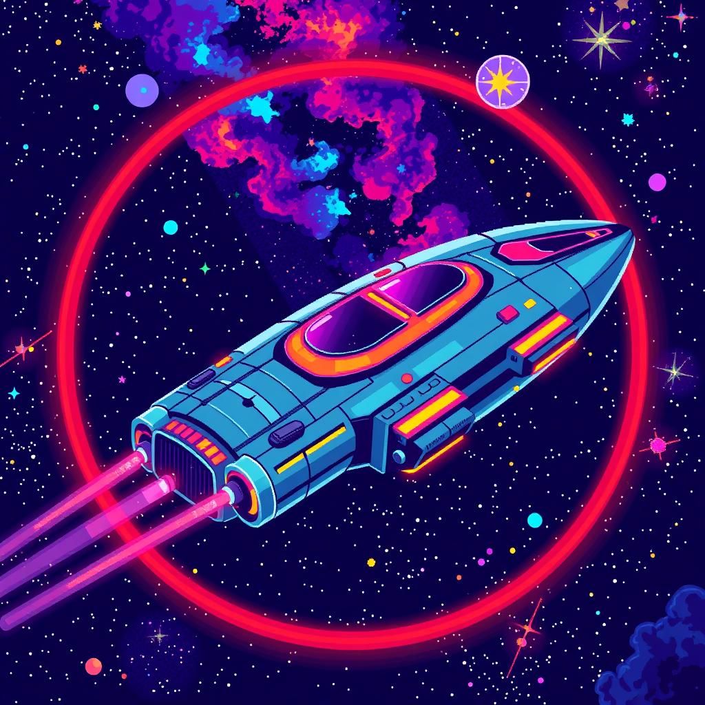 8-bit pixel art spaceship in a starry sky, retro sci-fi pixe...