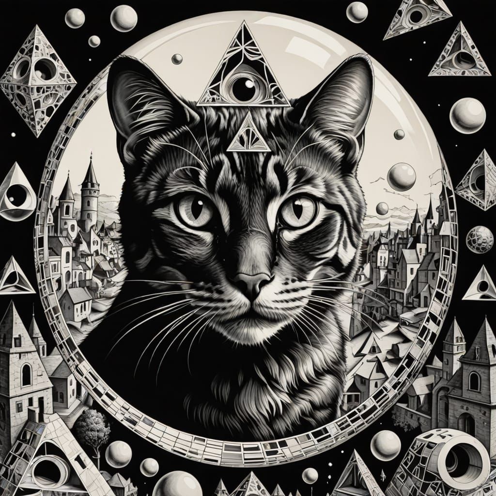 Whimsical Surrealist Art of Cat and Optical Illusion