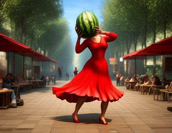 Woman Dancing Tango with Watermelon in Red Dress