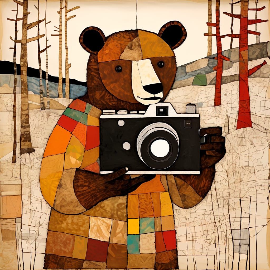 Bear Photographer in Mixed Media Collage Style