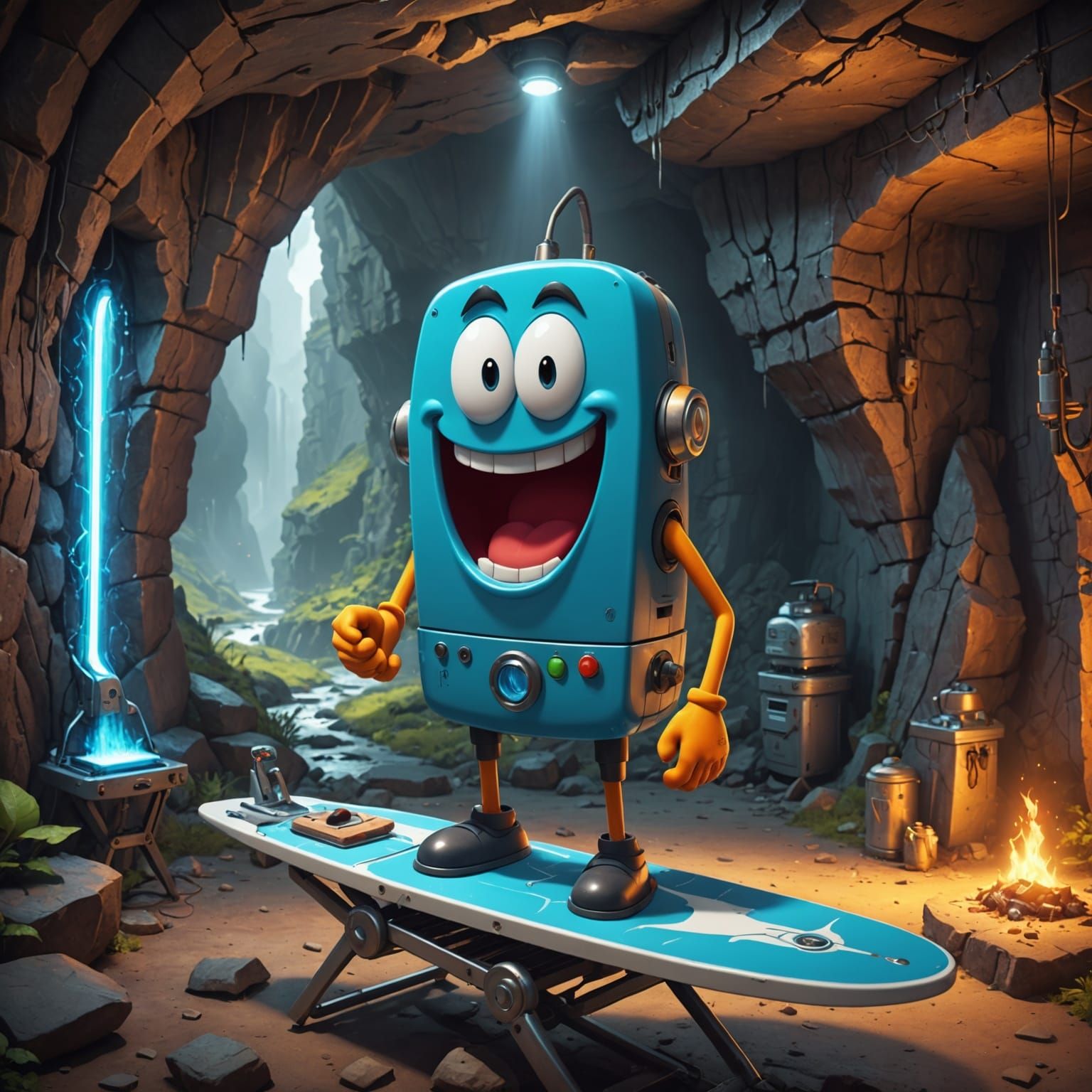 Melting Ironing Machine Character in Cave, Cartoon Style