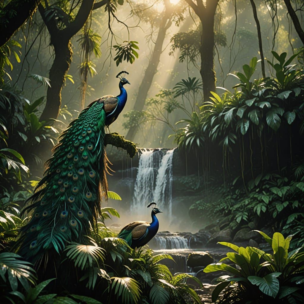 Peacocks Flying Through Misty Rainforest