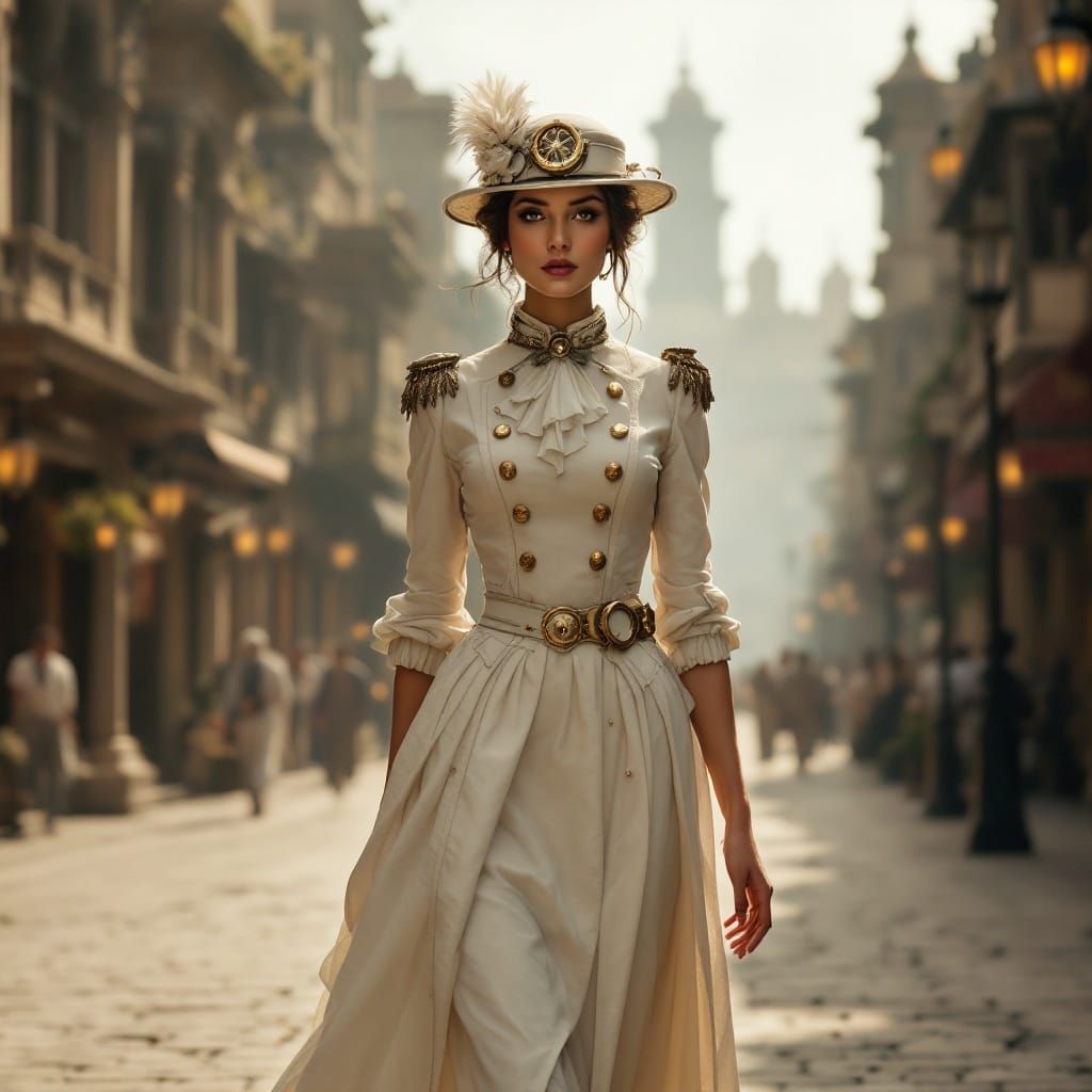 Lady in Victorian Steampunk Attire Wears Solar Topee Hat in ...