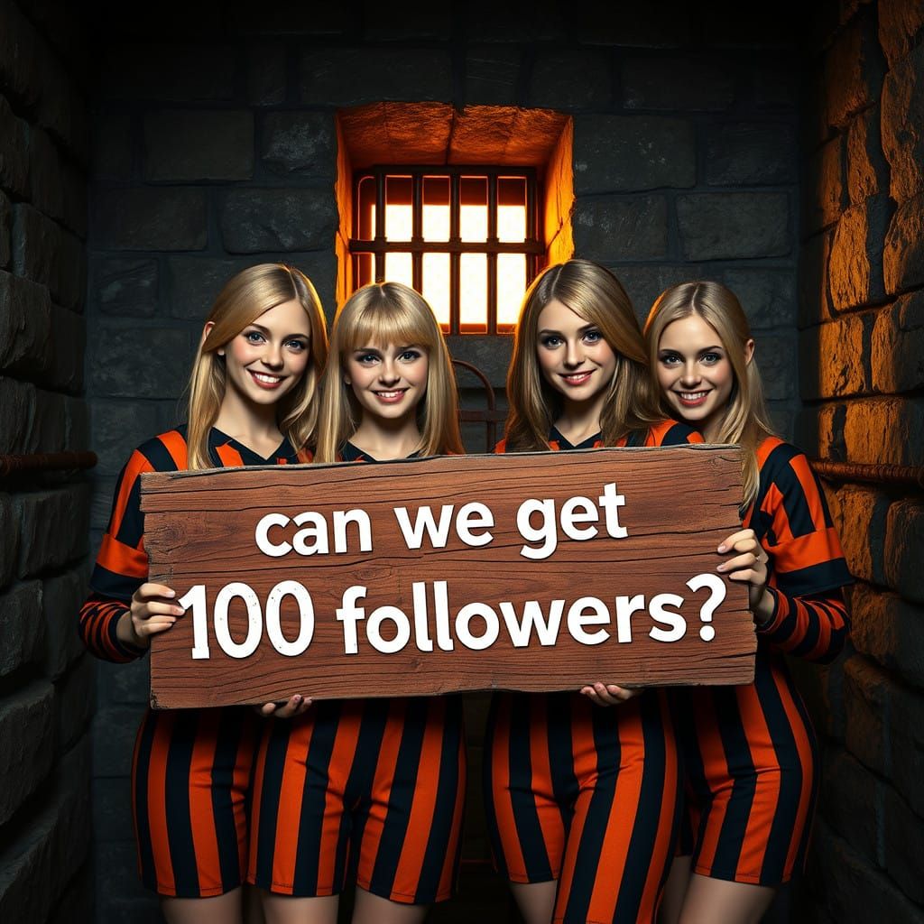 Girls in Jail Uniforms Hold a Humorous Sign in a Hyper-Reali...