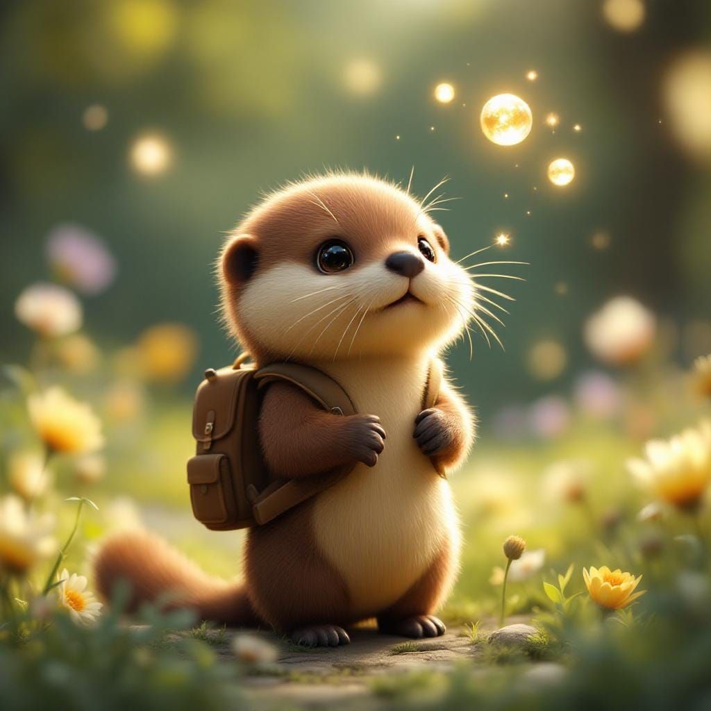 Chibi Otter Juggling Light Orbs in Sunny Meadow
