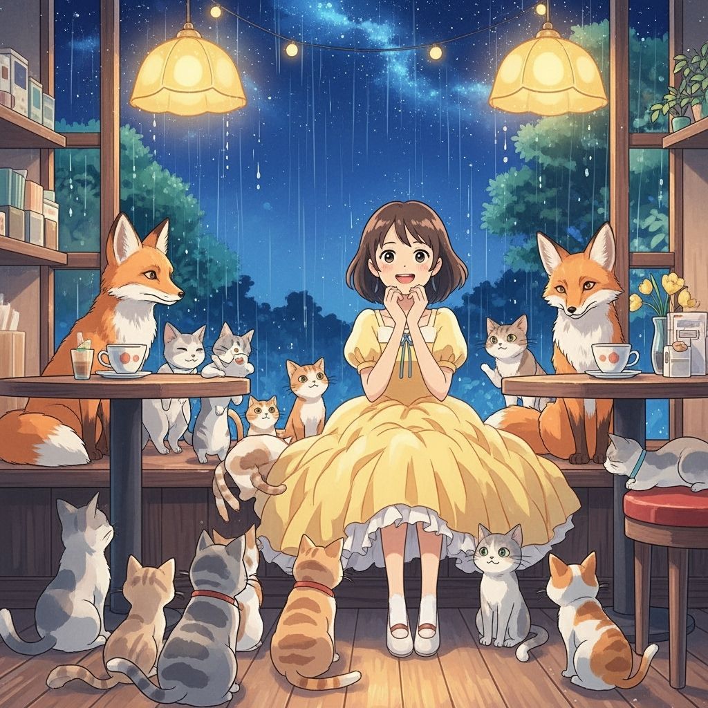 Ghibli-Style Girl in Cafe with Cats and Foxes
