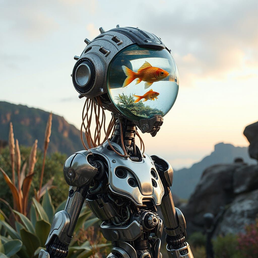 Futuristic Robot with Aquatic Head in Ethereal Garden