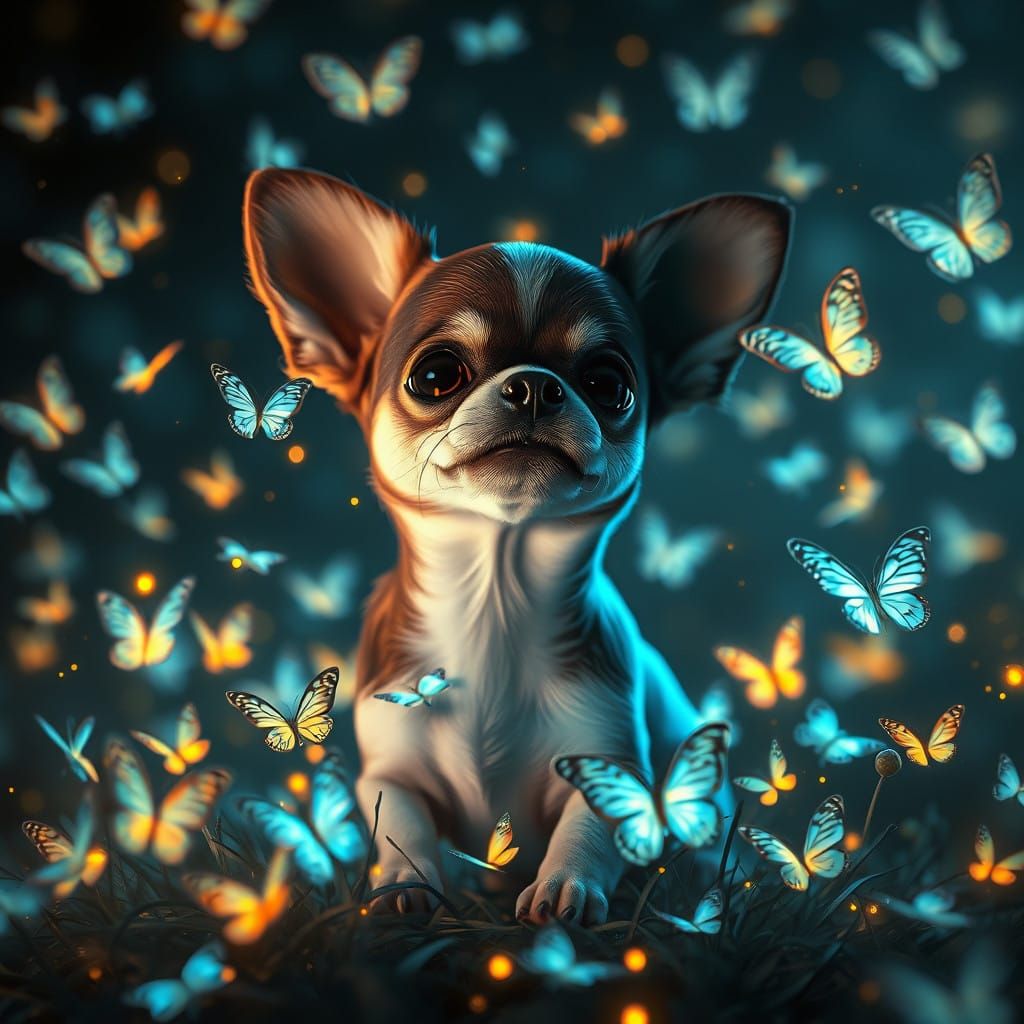 Dreamlike Chihuahua in a Whimsical, Neon-Lit Wonderland