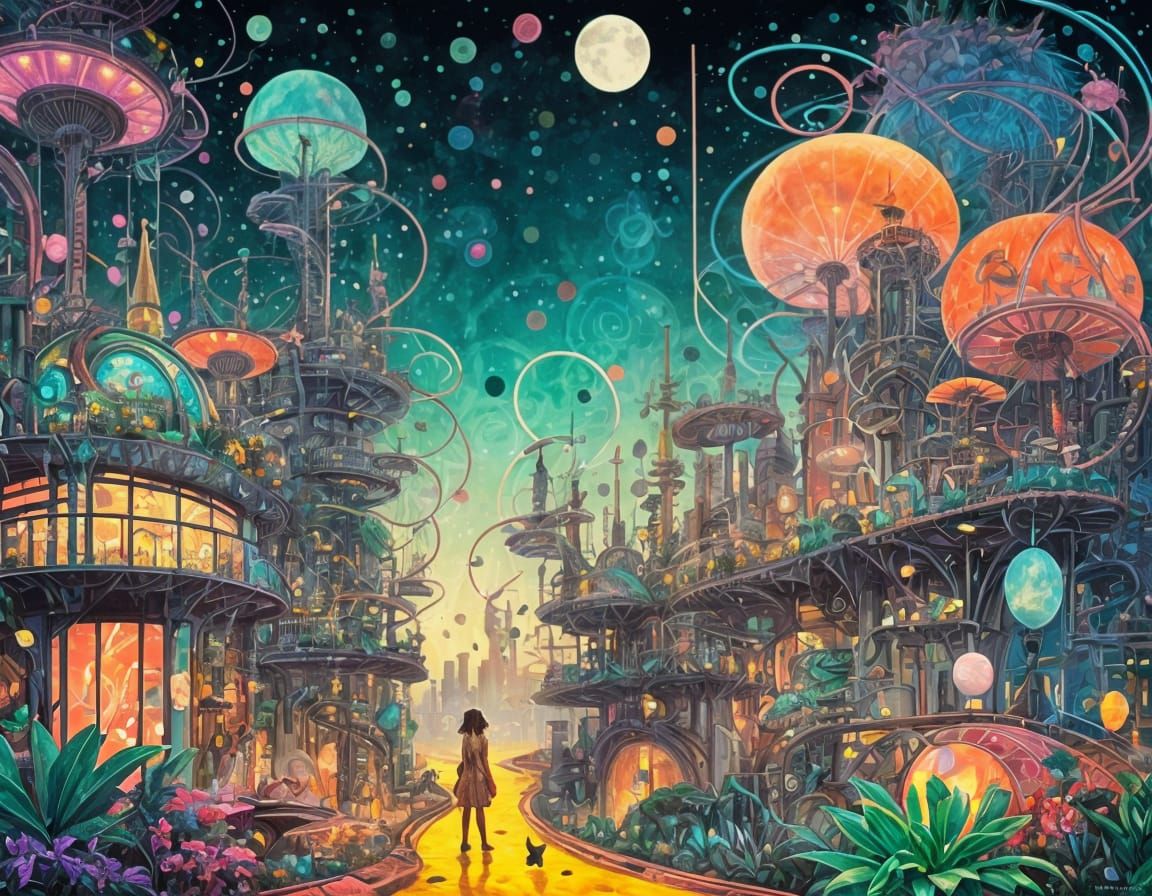 Retrofuturistic Greenhouse City in Expressionist Style