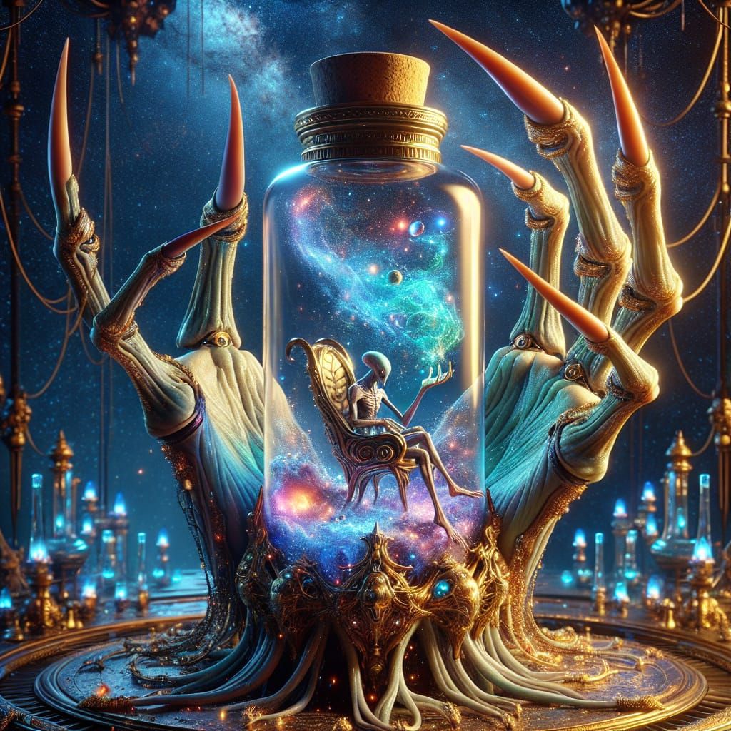 Alien Holding Miniature World in Glass Bottle