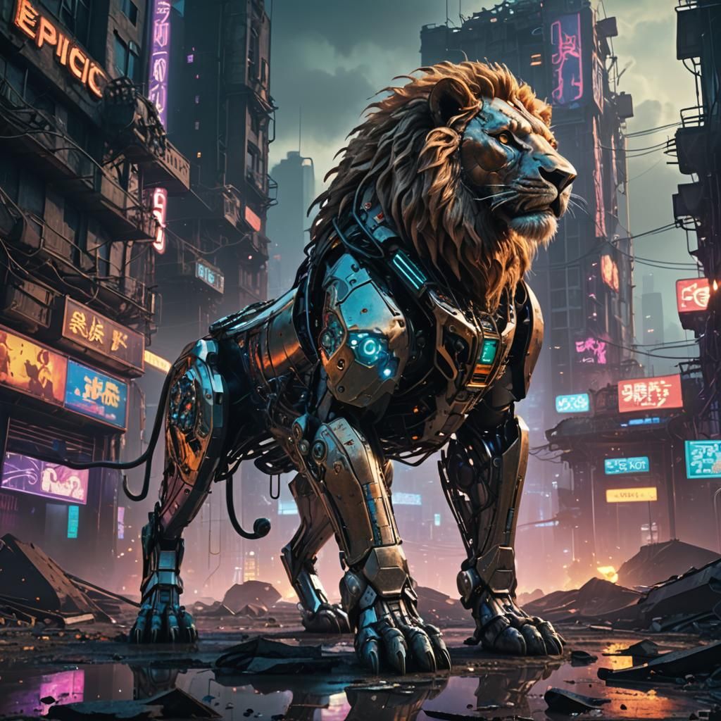 Cybernetic Lion in Ruined Cityscape: Sci-Fi Illustration