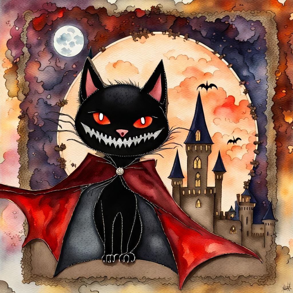 Chocolate Cat Vampire in Watercolor Illustration