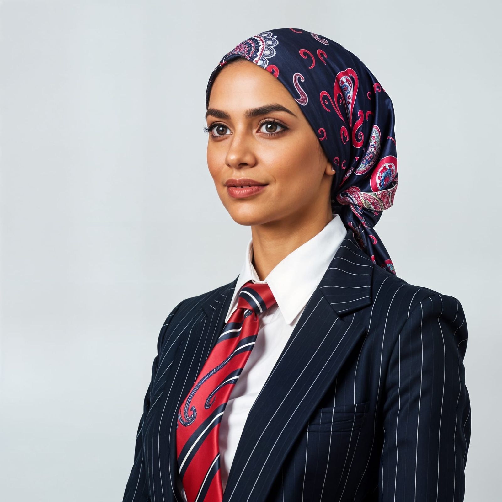 Modern Latina Executive in Pinstripe Suit with Paisley Heads...