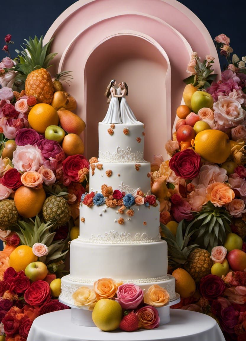 Lesbian Brides Kissing Before Wedding Cake, Hyperrealistic