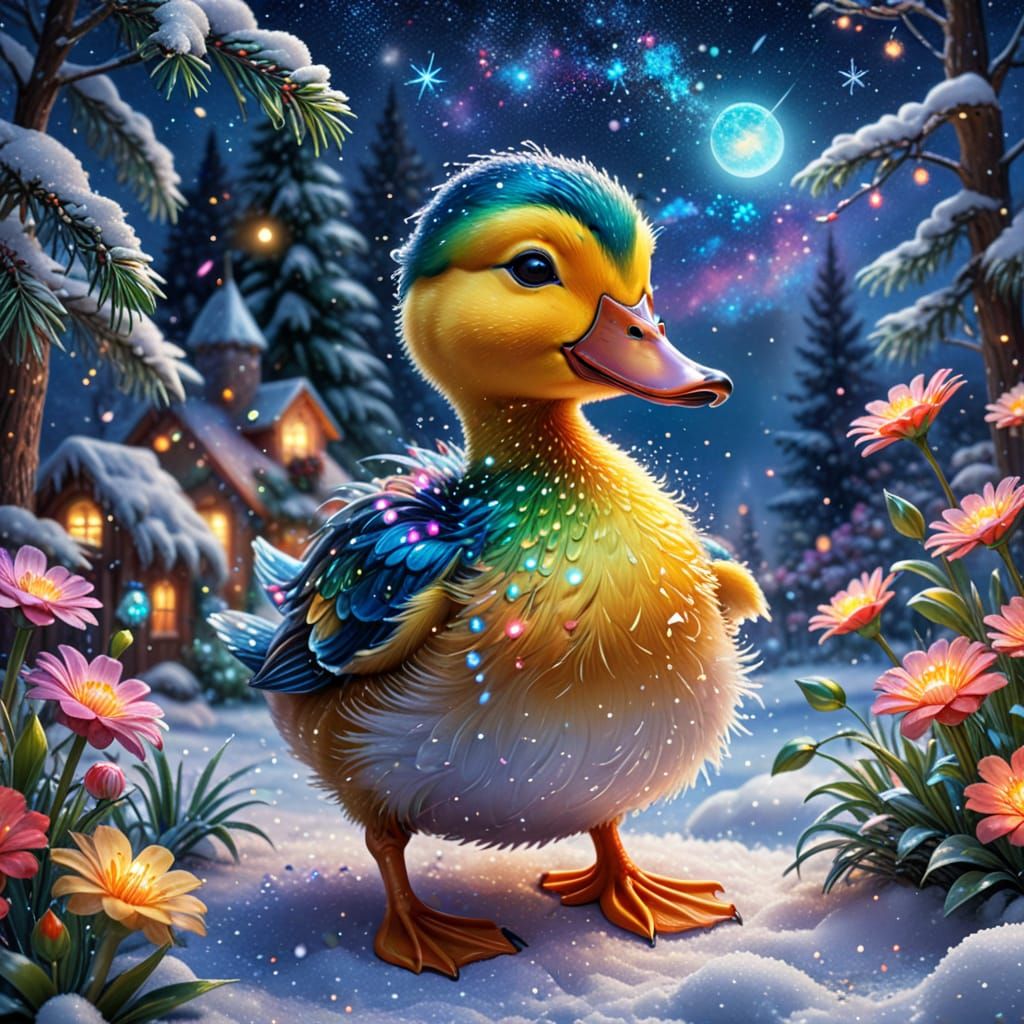 Adorable Art Nouveau Duck in Snowy Rainforest