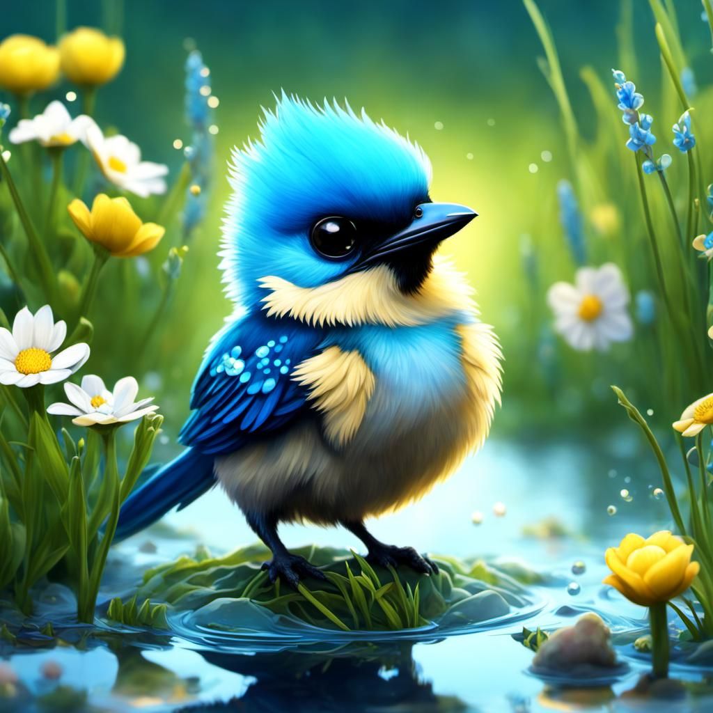 Chibi Stellar Jay Chick in Meadow, Fantasy Digital Art