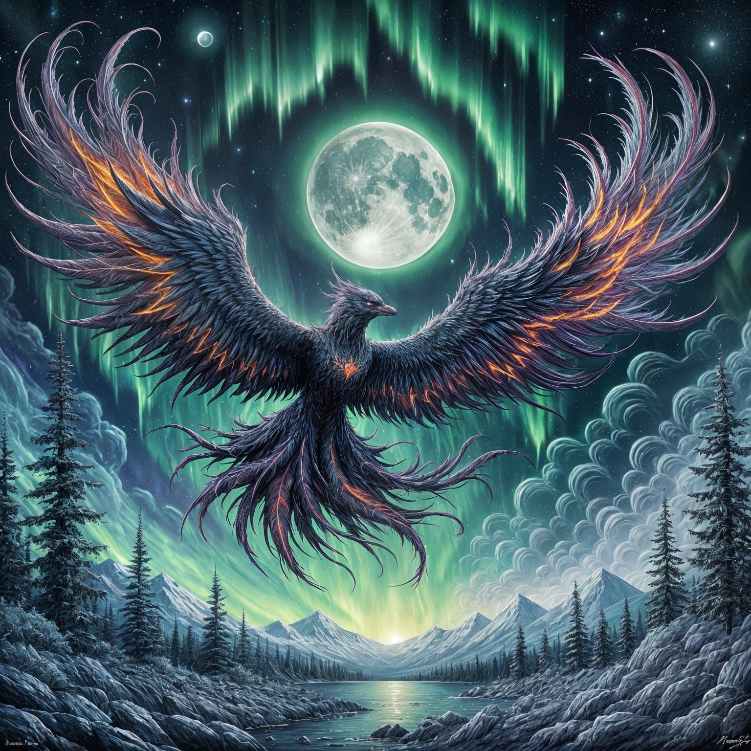 Dark Phoenix Soars Through Aurora Borealis Sky
