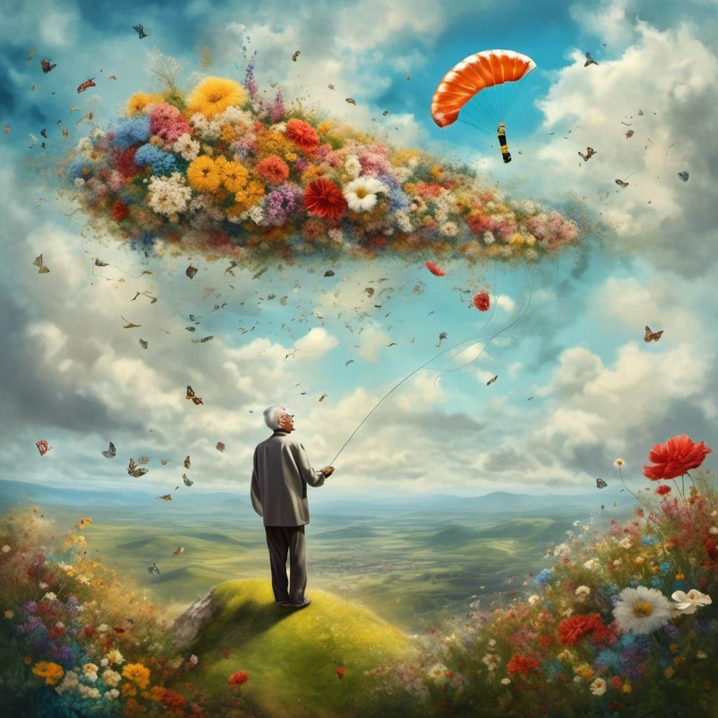 Elderly Man Flies Sushi Kite, Surreal Travel Art