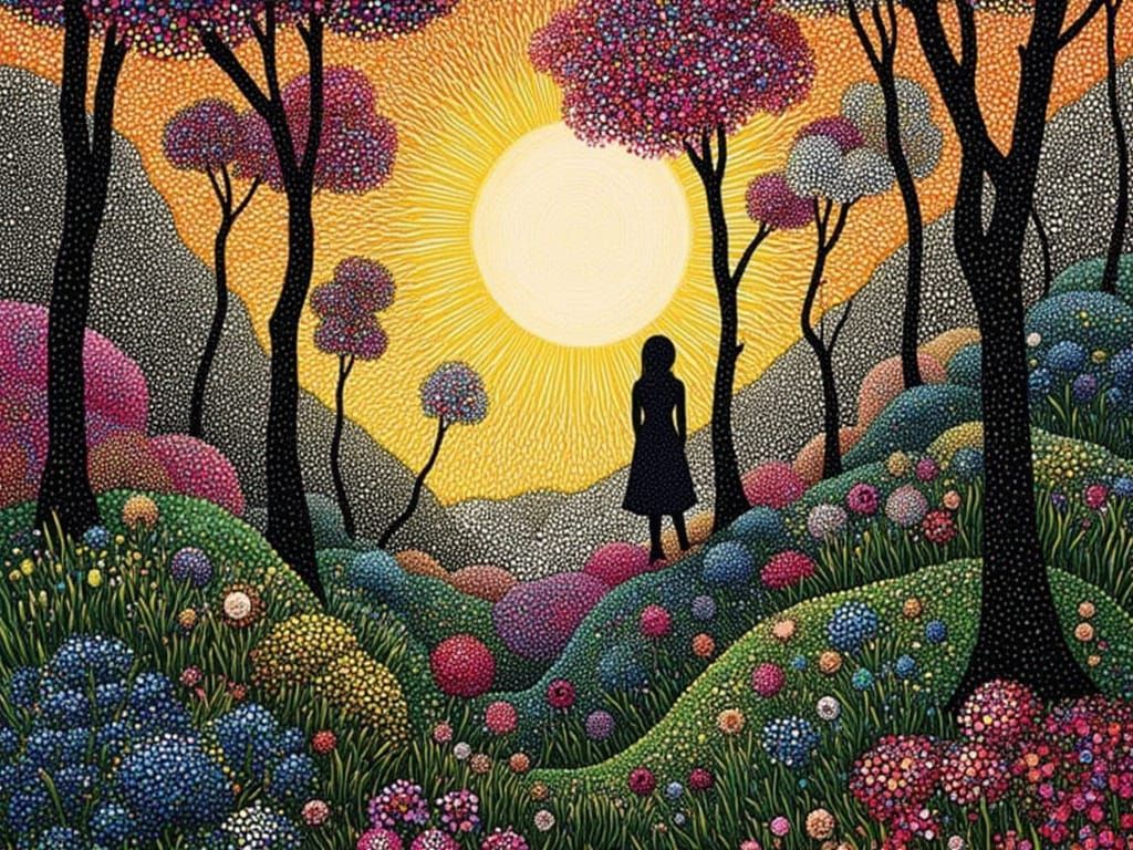 Fantasy Garden in Pointillism and Surreal Style