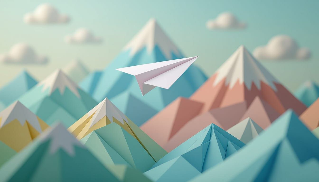 Paper Plane Soaring Over Origami Mountains
