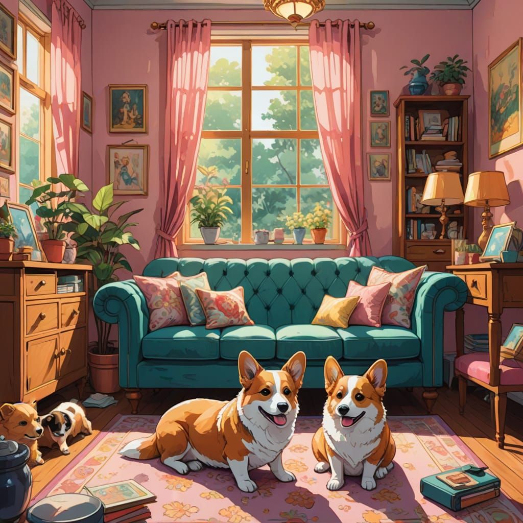 Corgi Family in a Cozy Living Room Scene