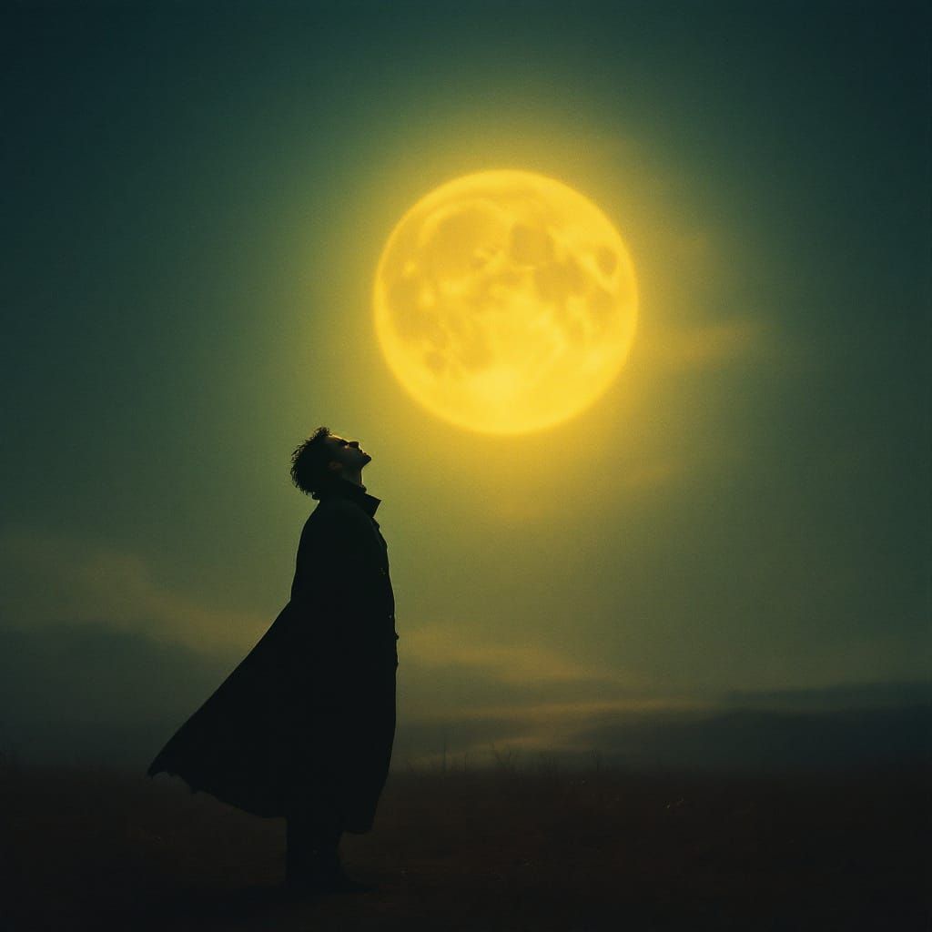 Man and October Moon: Cinematic Film Still