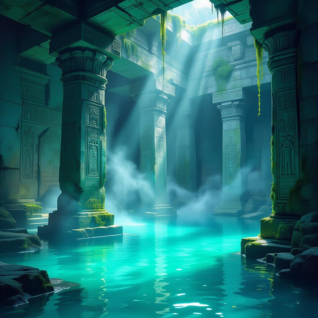 Submerged Temple in Glowing Lagoon, Moody Fantasy Art