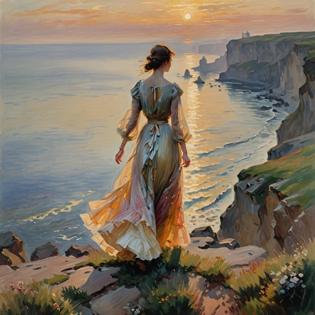 Impressionistic Woman on Cliff at Sunset