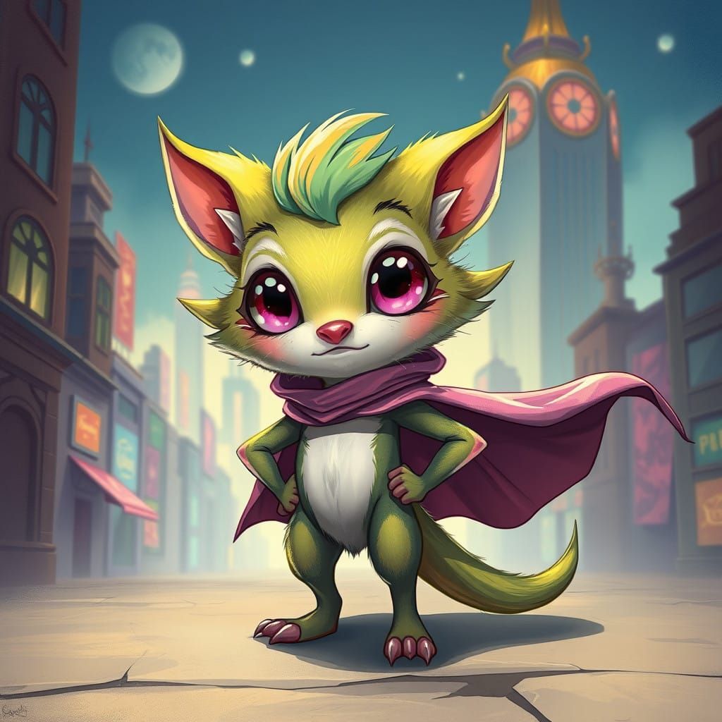 Whimsical Heroic Creature in Vibrant Cityscape