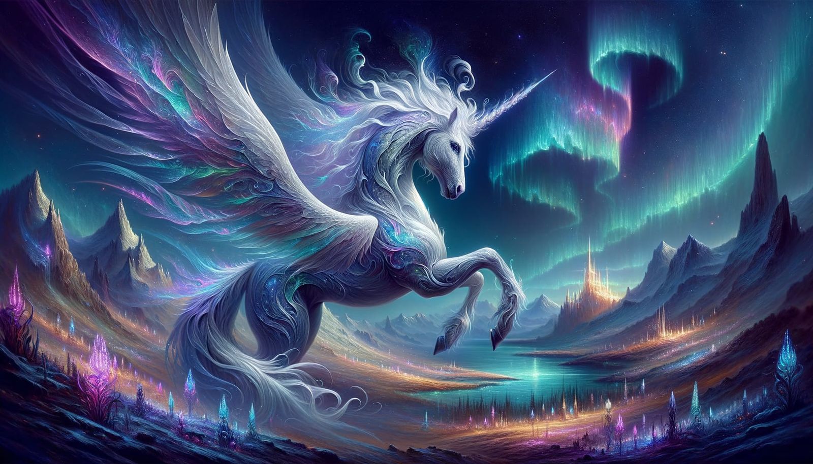 Celestial Dragon-Unicorn Soaring Over Magical Realm