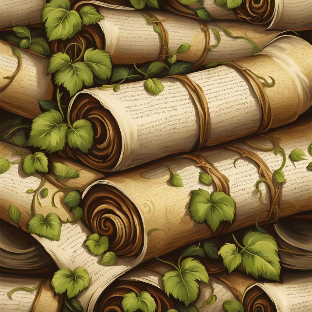 Impressionistic Vines Encircle Ancient Scrolls