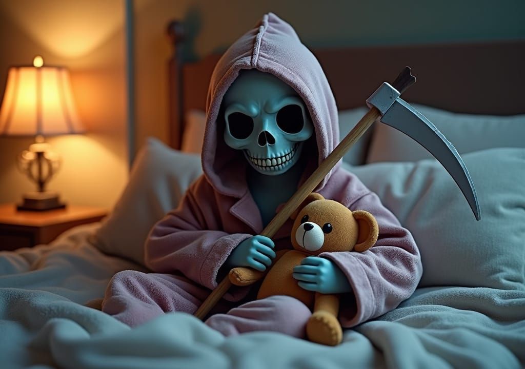 A whimsical Grim Reaper in cozy pajamas, clutching a tiny scythe like a teddy bear, smiles in a softly lit, warm bedroom...