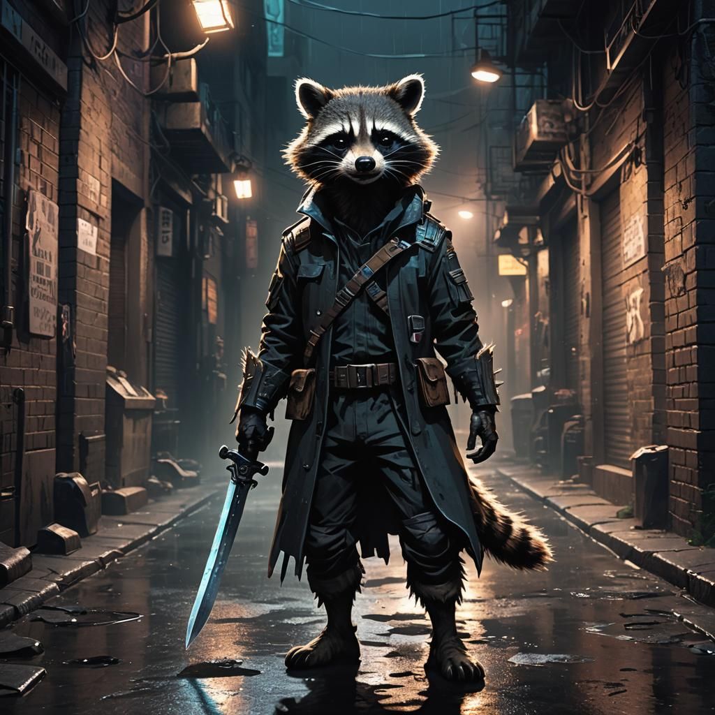 Raccoon Thief in Sci-Fi Alley: Gritty Concept Art